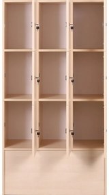 Drevená odkladacia skrinka s úložnými boxami, 9 boxov, 1700 x 900 x 420 mm, cylindrický zámok, orech