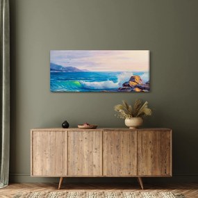 Obraz vĺn narážajúcich na útesy, olejomaľba (120x50 cm)