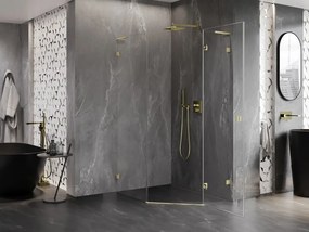 Mexen Lunar, L pravý výklopný päťuholníkový sprchový kút 90 x 100 cm, 8mm číre sklo, zlatý matný profil, 831L-090P-100L-55-00-P