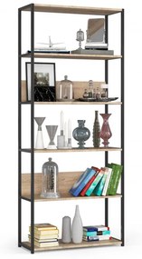 Kovový regál 80 cm, 6 políc, čierny / dub sonoma