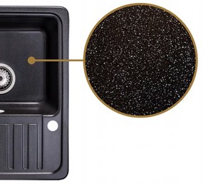 Sink Quality Sapphire, granitový kuchynský drez 565x460x210 mm + zlatý sifón, 1-komorový, čierna škvrnitá-BROCADE, SKQ-SAP.B.1KKO.XG