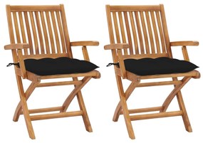 Záhradné stoličky 2 ks, čierne podložky, tíkový masív 3062428