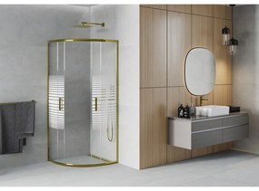 Mexen Rio, štvrťkruhový sprchovací kút s posuvnými dverami 90(dvere) x 90(dvere) x 190 cm, 6mm číre sklo s pásikmi, zlatý lesklý profil, 863-090-090-50-20