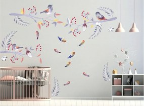 Moderná nálepka na stenu s efektom vodových farieb vtáčiky a jarabina 100 x 200 cm