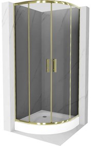 Mexen Rio, štvrťkruhový sprchovací kút s posuvnými dverami 80(dvere) x 80(dvere) x 190 cm, 6mm šedé sklo, zlatý profil + biela sprchová vanička RIO, 863-080-080-50-0-4710