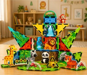 LEAN Toys Magnetické stavebné kocky – Divoké zvieratá, džungľa, ZOO, 52 ks