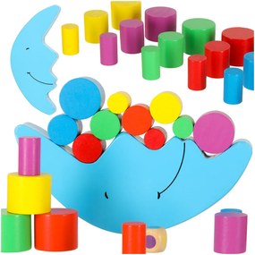 KIK Balančná hra Balancing Moon, drevená Montessori skladačka s 18 farebnými kockami