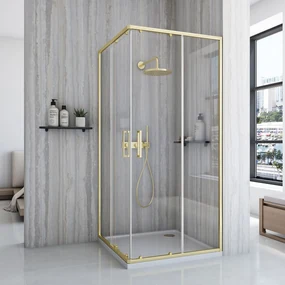 Rea City, sprchovací kút s posuvnými dverami 80(dvere) x 80(dvere) x 190 cm, zlatý matný profil + biela sprchová vanička Savoy, KPL-K6444