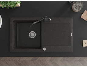 Mexen Leo, 1-komorový granitový drez 900x500x190 mm a drezová batéria Carla, čierna-zlatá metalíza, 6501-75-670700-70
