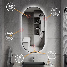 Erga Freya, oválne LED zrkadlo 50x100cm v čiernom kovovom ráme, 3 farby svetla, zadné osvetlenie, vyhrievacia podložka proti zapareniu, ERG-V01-FREYA-5010-BK