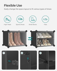 Skrinka na topánky, 6-priehradkový modulárny úložný organizér, čierny