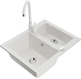 Mexen Carlos, granitový drez 582x475x177 mm, 1,5-komorový a biela drezová batéria Telma, biela, 6518-20-670200-20