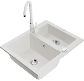 Mexen Carlos, granitový drez 582x475x177 mm, 1,5-komorový a biela drezová batéria Telma, biela, 6518-20-670200-20