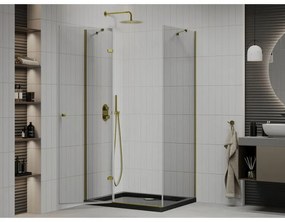 Mexen Roma, sprchovací kút s 1-krídlovými dverami 100 (dvere) x 80 (stena) cm, 6mm číre sklo, zlatý profil, slim sprchová vanička 5cm čierna, 854-100-080-50-00-4070G