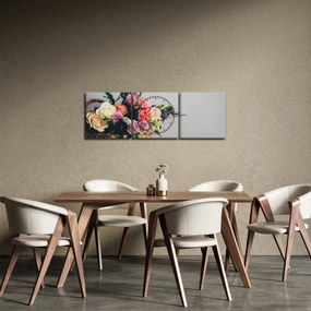 Obraz košíka s kvetinami (s hodinami) (90x30 cm)
