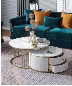 KONFERENČNÝ STOLÍK GASTON 2v1 BIELY MRAMOR + ZLATÝ