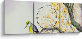 Obraz - Akvarelový vtáčik na strome (s hodinami) (90x30 cm)