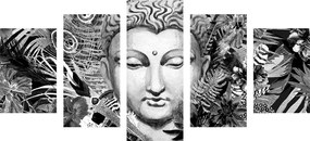 5-dielny obraz Budha na exotickom pozadí v čiernobielom prevedení - 100x50