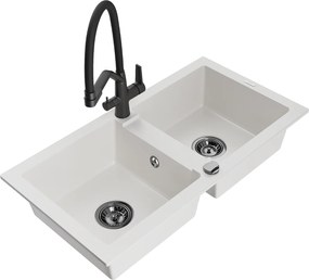 Mexen Mario, granitový drez 820x436x161 mm, 2-komorový a drezová batéria Duo, biela, 6504-20-671701-70-B