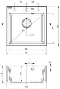 Deante Evora, 1-komorový granitový drez 500x500x216 + čierna drezová batéria, béžová, DEA-ZQJN5103