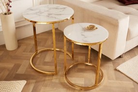 Príručný stolík okrúhly Elegance sada 2ks mramorový vzhľad biely, zlatý rám