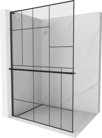 Mexen Kioto+ L, sprchová zástena Walk-In s poličkou a vešiakom 80 x 200 cm, 8mm číre sklo čierny vzor, čierny profil, 800-080-123-70-78