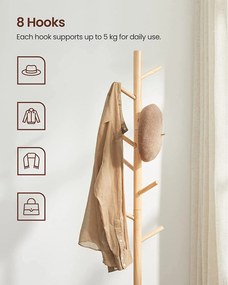 Voľne stojaci vešiak na kabáty a klobúky, s 8 háčikmi, prírodná farba