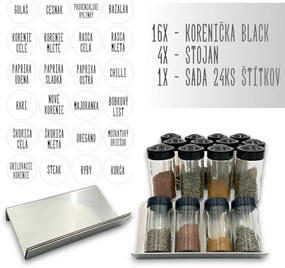 Orion Sada 16ks koreničiek BLACK 80ml + 4ks nerezový organizér na koreničky VASKY - NEREZ + sada 24ks štítkov