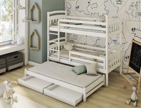 Detská poschodová posteľ z masívu borovice ALDA s prístelkou a šuplíky - 200x90 cm - biela