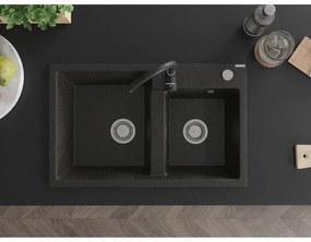Mexen Tomas, granitový drez 800x500x190 mm, 2-komorový a čierna batéria Telma, čierna-zlatá metalíza, 6516-75-670200-70