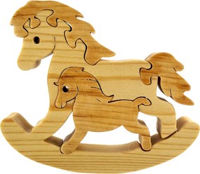 AMADEA Drevené puzzle hojdací kôň, masívne drevo dvoch druhov drevín, 13,5x11,5x3 cm