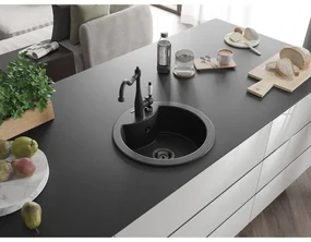 Mexen Diego, granitový drez 488x488x167 mm, 1-komorový a drezová batéria Carla, čierna, 6512-77-670700-70-B