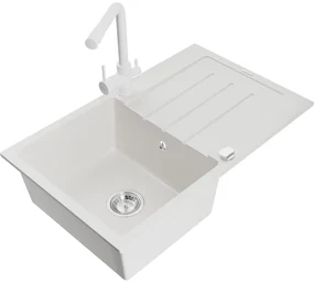 Mexen Bruno, 1-komorový granitový drez s odkvapkávačom 795x495x200 mm a biela batéria Duero, biela, 6513-20-671600-20