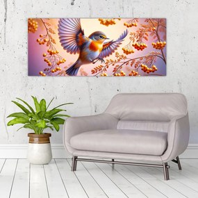 Obraz - Vták s jarabinou (120x50 cm)