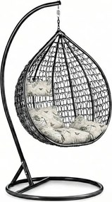 Čierne závesné kreslo KOKON so stojanom, béžový vankúš