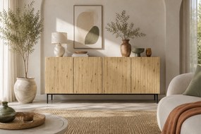Biela komoda Nicole 200 cm so štyrmi dverami - biely / dub artisan / čierne nohy