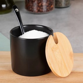 VILDE 2. akosť - Keramická cukornička s bambusovým viečkom a lyžičkou, čierna 250ml