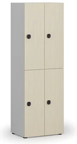 Drevená šatníková skrinka s úložnými boxmi, 4 boxy, kódový zámok, sivá/breza