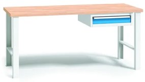 Výškovo nastaviteľný pracovný stôl do dielne WL so závesným boxom na náradie, buková škárovka, 1 zásuvka, 1500 x 685 x 840 - 1050 mm