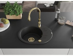 Mexen Kevin, granitový drez 586x458x190 mm, 1-komorový a drezová batéria Savita, čierna, 6517-77-672601-50