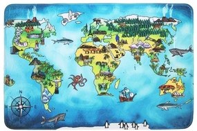 Protišmykový kusový koberec World map, 76,5x117, modrá, viacfarebná, detská izba, BO-MA