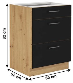 Dolná kuchynská skrinka Meriel 60 D 3S BB (čierna + dub artisan). Vlastná spoľahlivá doprava až k Vám domov. 1033978