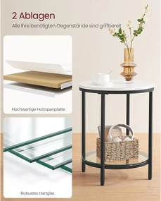 Okrúhly príručný stolík, 2-úrovňový, so sklenenou poličkou, mramorový efekt