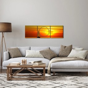 Obraz západu slnka s jachtou (s hodinami) (90x30 cm)