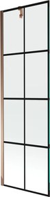 Mexen Next, vaňová zástena 1-krídlová 60 x 150 cm, fixné krídlo, 6 mm číre sklo s čiernym vzorom, ružové zlato profil, 895-060-000-00-77-60
