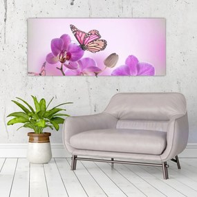 Obraz - Motýľ na kvetoch orchidey, lila (120x50 cm)