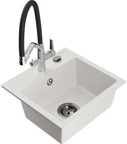 Mexen Milo, granitový drez 435x410x171 mm, 1-komorový a drezová batéria Duo, biela, 6505-20-671701-07-B
