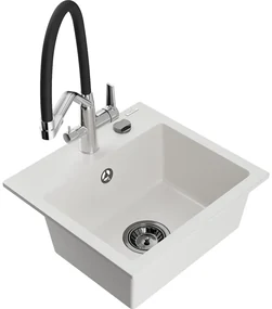 Mexen Milo, granitový drez 435x410x171 mm, 1-komorový a drezová batéria Duo, biela, 6505-20-671701-07-B