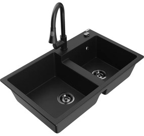Mexen Tomas, 2-komorový granitový drez 800x500x190 mm a drezová batéria Elia, čierna, 6516-77-670101-70-B