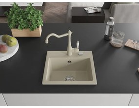 Mexen Milo, granitový drez 435x410x171 mm, 1-komorový a drezová batéria Carla, béžová, 6505-69-670700-69